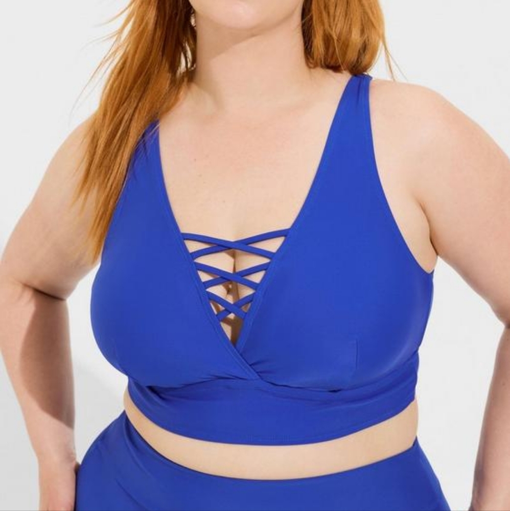 Torrid Electric Blue Lace Up Plunge Wireless XO Triangle Bikini Top 4X